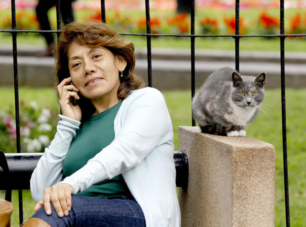 A woman talks on her phone as a cat sits on an arm rest nearby, in the central park of Lima's upscale seaside Miraflores district, in Peru, Wednesday, Aug. 2, 2012. 