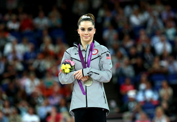  Mc Kayla Maroney of the United States stands on the podium with her silver Olympic medal  following the Artistic Gymnastics Women's Vault final on Aug. 5, 2012 in London. 