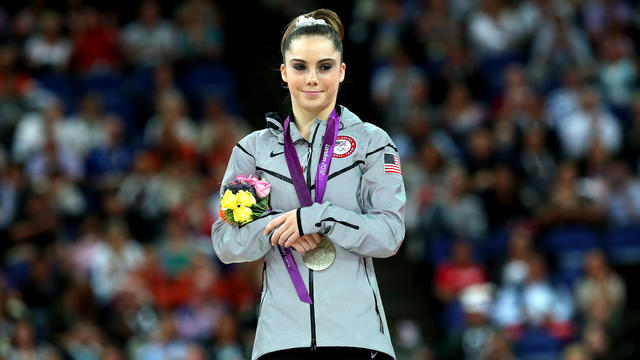 Mc Kayla Maroney of the United States stands on the podium with her silver Olympic medal  following the Artistic Gymnastics Women's Vault final on Aug. 5, 2012 in London. 