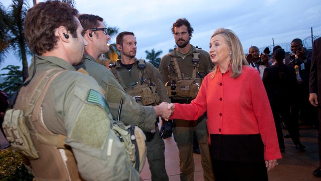 Secretary of State Hillary Rodham Clinton meets with members of diplomatic security at the U.S. Embassy in Abuja, Nigeria, Aug. 9, 2012. 
