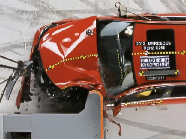 2012 Mercedes C250 during off-center frontal crash test 