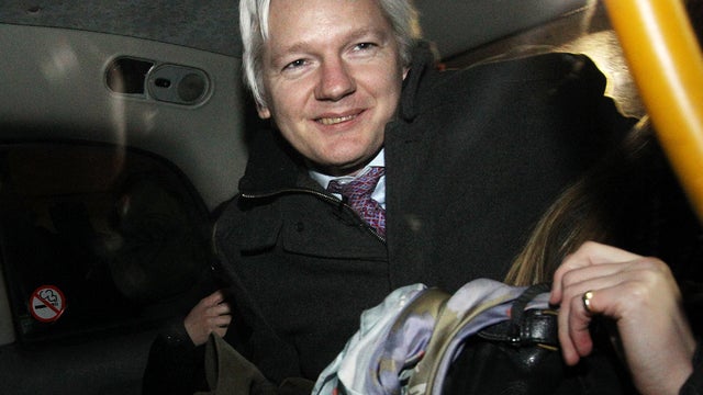 Julian Assange, the founder of the WikiLeaks whistleblowing website, leaves the Supreme Court Feb. 2, 2012, in London. 
