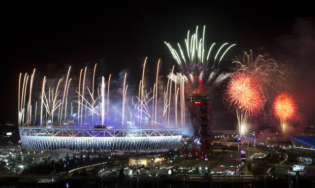Fireworks explode over the Olympic Stadium at the closing ceremony  