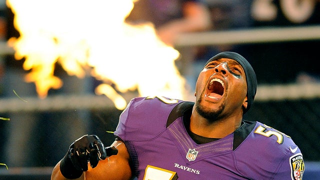 Ray Lewis reacts as he is introduced  