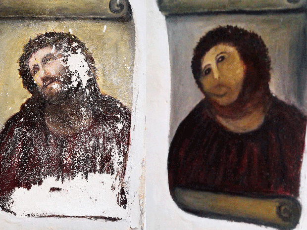 This combination of two undated handout photos made available by the Centro de estudios Borjanos shows the 20th century Ecce Homo-style fresco of Christ before, left, and after an elderly amateur artist Celia Gimenez  took it upon herself to restore it in the church of the northern Spanish agricultural town of Borja 