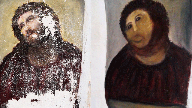 This combination of two undated handout photos made available by the Centro de estudios Borjanos shows the 20th century Ecce Homo-style fresco of Christ before, left, and after an elderly amateur artist Celia Gimenez  took it upon herself to restore it in 