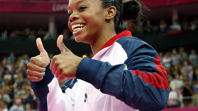 U.S. gymnast Gabby Douglas celebrates after she won the artistic gymnastics women's individual all-around final at the London 2012 Olympic Games Aug. 2, 2012. 
