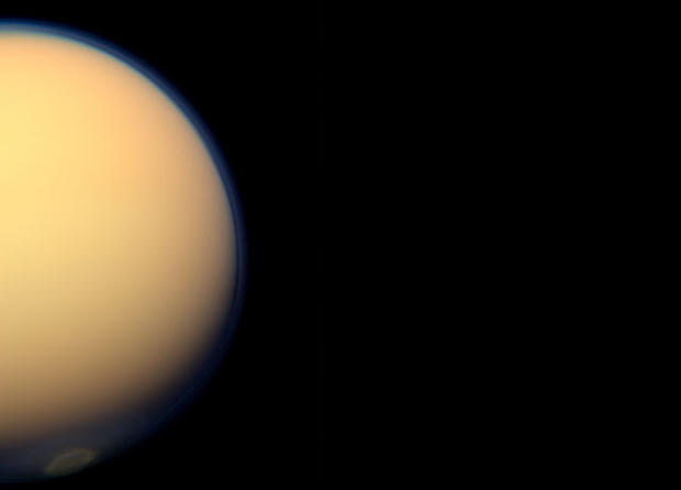 The south polar vortex of Saturn's moon Titan stands out in this natural-color view from NASA's Cassini spacecraft, snapped on July 25, 2012. 