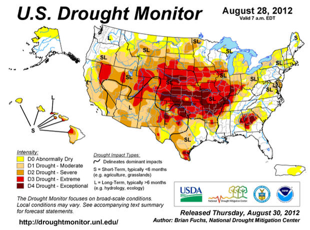 The National Drought Mitigation Center's drought monitoring map, published Aug. 28, 2012. 