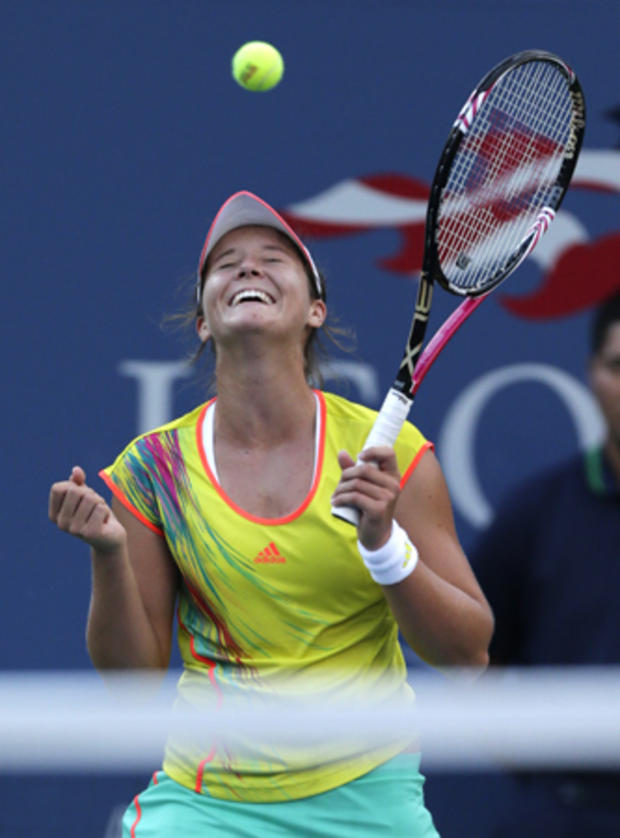 Laura Robson reacts after beating Kim Clijsters  