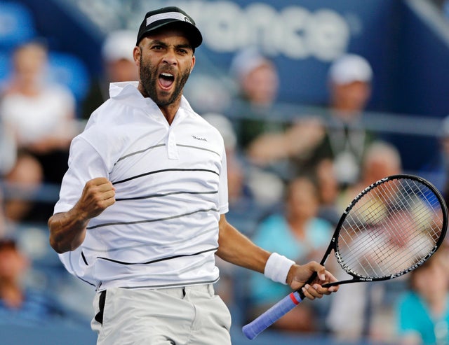 James Blake celebrates during his match 