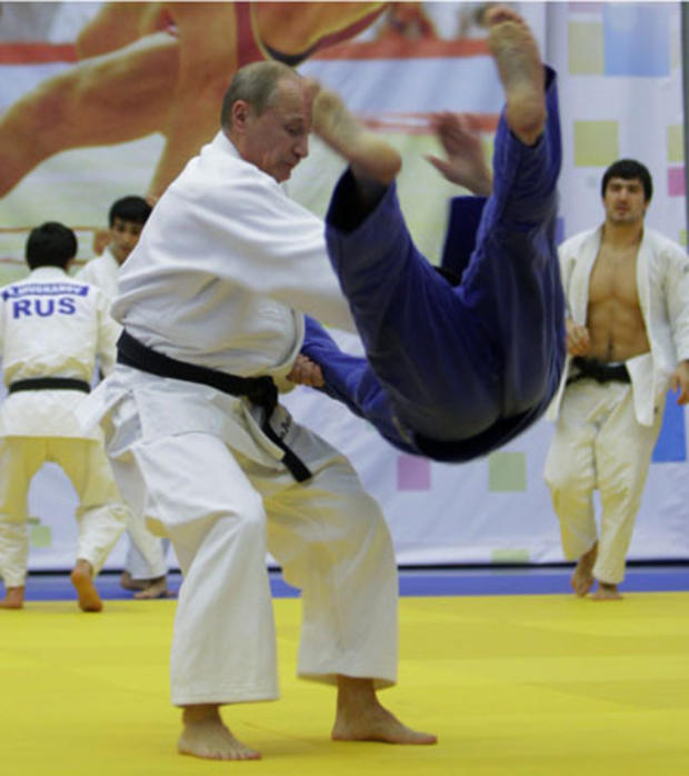 Vladimir Putin takes part in a judo training session 