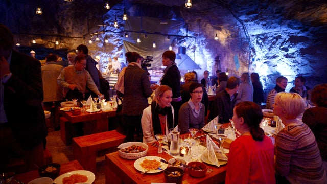 Customers having dinner at Muru "pop-down" restaurant at Tytyri mine in Lohja, Finland on Monday, Sept. 10, 2012.  
