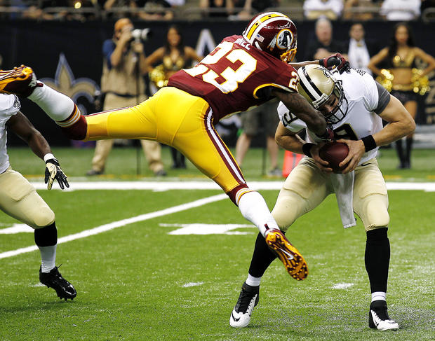 Drew Brees is sacked by DeAngelo Hall 