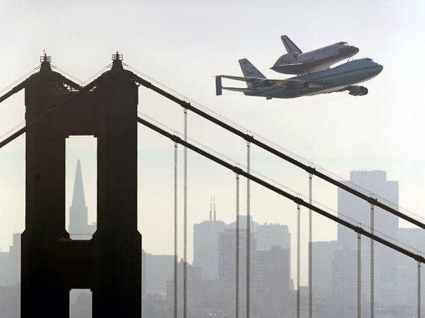 Space Shuttle Endeavour mounted on NASA's Shuttle Carrier Aircraft, passes over the Golden Gate Bridge in San Francisco, Friday, Sept. 21, 2012. Endeavour is making a final trek across the country to the California Science Center in Los Angeles, where it  