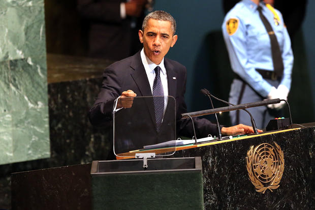 U.S. President Barack Obama addresses world leaders at the United Nations General Assembly on September 25, 2012 in New York City. 