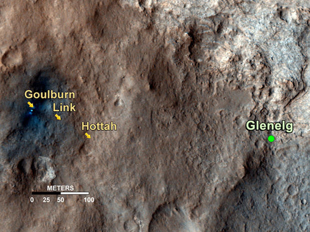 This map shows the path on Mars of NASA's Curiosity rover toward Glenelg, an area where three terrains of scientific interest converge. Arrows mark geological features encountered so far that led to the discovery of what appears to be an ancient stream bed. 