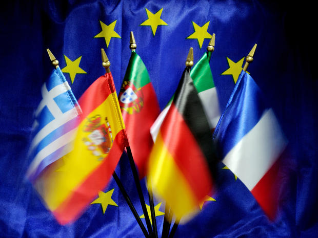 Flags of European countries are displayed in front of a flag of European Union on September 4, 2012, in France 