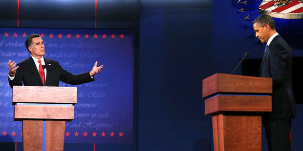 Republican presidential candidate, former Massachusetts Gov. Mitt Romney (L) speaks as Democratic presidential candidate, U.S. President Barack Obama (R) listens during the Presidential Debate at the University of Denver on October 3, 2012 in Denver, Colorado. The first of four debates for the 2012 Election, three Presidential and one Vice Presidential, is moderated by PBS's Jim Lehrer and focuses on domestic issues: the economy, health care, and the role of government. 