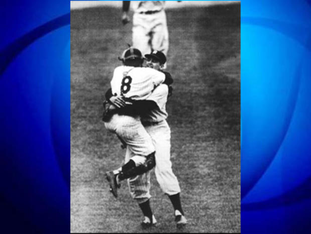 Pitcher Don Larsen and Catcher Yogi Berra Hug After Perfect Game In 1956 World Series, Oct. 8, 1956 