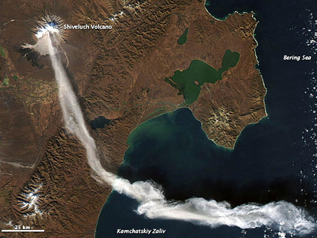 NASA's Aqua satellite captured this image on Oct. 6, 2012, which shows a plume spewing forth from Russia's Shiveluch volcano and drifting away in the wind, in the span of just two hours. 