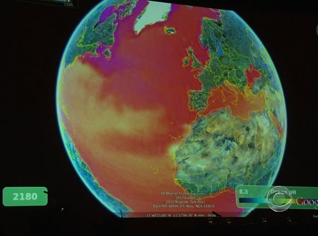 This map, produced by Google and scientists, shows the expected rise in ocean acid levels.
