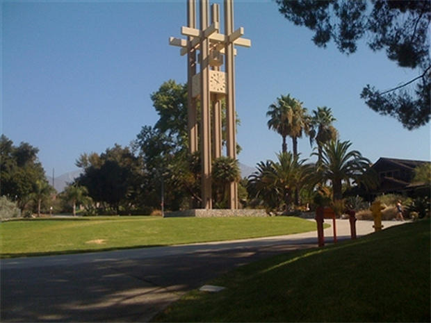 The Brant Clocktower, Mounds, and Grove House at Pitzer College in Claremont, Calif. 