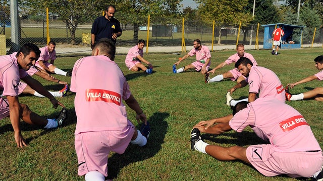 Voukefalas players warm up on October 7, 2012, before a local championship match in the city of Larissa, Greece. 