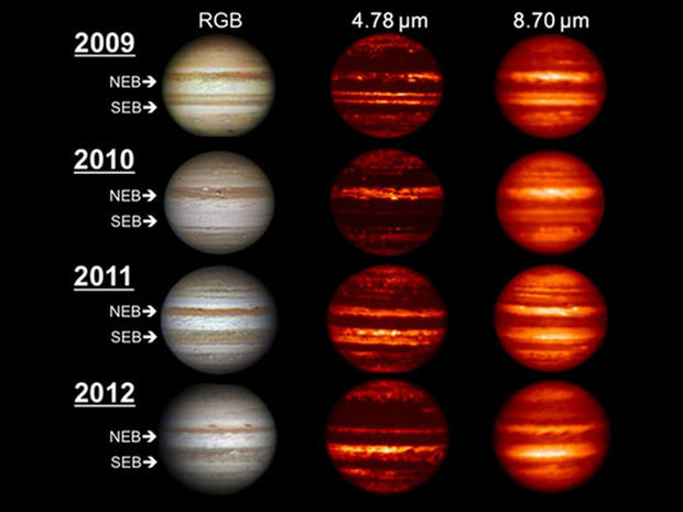 Images in the visible-light and infrared parts of the spectrum highlight the massive changes roiling the atmosphere of Jupiter. The visible-light images on the left were obtained by amateur astronomers. 