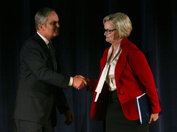 Republican Rep. Todd Akin and Democratic Sen. Claire McCaskill shake hands after the end of the second debate in the Missouri Senate race Thursday, Oct. 18, 2012, in Clayton, Mo. 