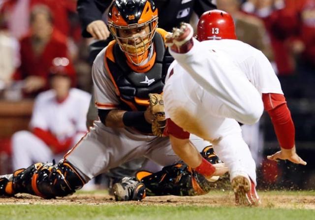 San Francisco Giants' Pablo Sandoval, right, celebrates his two-run home  run next to St. Louis Cardinals catcher Matt Wieters during the seventh  inning of a baseball game in San Francisco, Saturday, July