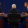 Image from third and final presidential debate shows moderator Bob Schieffer, of CBS News, with back to camera, Mitt Romney on left and President Obama on right  