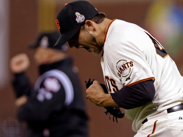 San Francisco Giants starting pitcher Madison Bumgarner reacts after the Detroit Tigers hit into a double play during the seventh inning of Game 2 of the World Series Oct. 25, 2012, in San Francisco. 