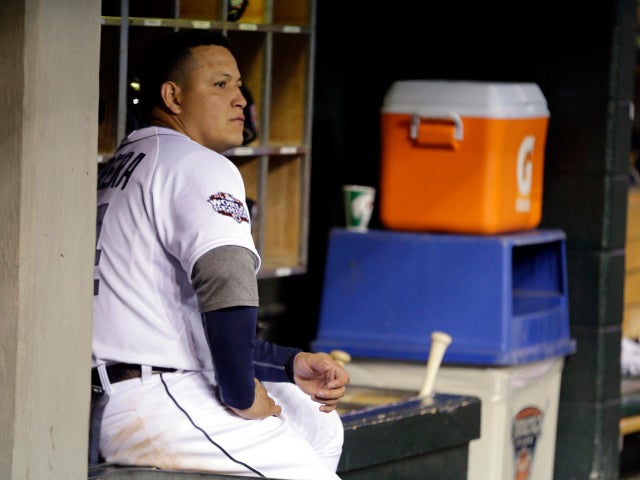 Detroit Tigers' Miguel Cabrera watches from the dugout during the ninth inning of Game 3 of the World Series against the San Francisco Giants Oct. 27, 2012, in Detroit. The Giants defeated the Tigers 2-0. 