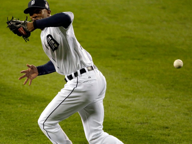 Detroit Tigers center fielder Austin Jackson misses the ball hit by San Francisco Giants shortstop Brandon Crawford during the second inning of Game 3 of the World Series Oct. 27, 2012, in Detroit. 