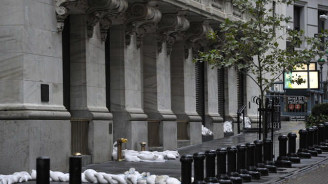 Sandbags are piled in front of the New York Stock Exchange on October 29, 2012, as New Yorkers prepare for Hurricane Sandy. 