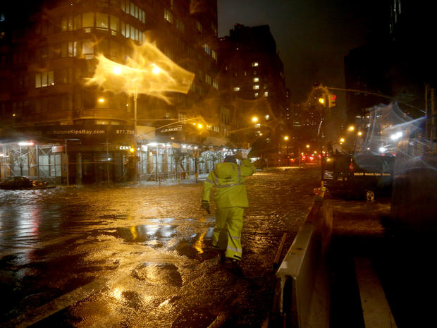 A view of the corner of 34th Street and 1st Street in Manhattan during rains from Hurricane Sandy on October 29, 2012 in New York City.  