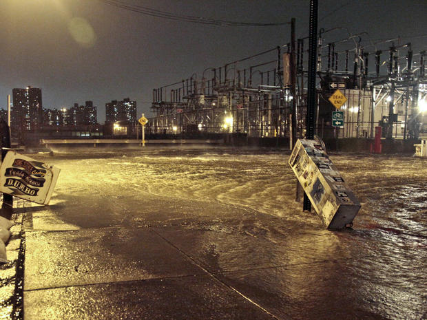 Streets around a Con Edison substation are flooded as the East River overflows into the Dumbo section of Brooklyn, N.Y., as Sandy moves through the area on Monday, Oct. 29, 2012.  