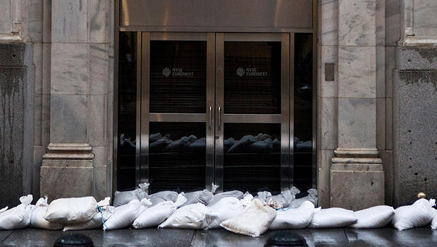 Sand bags barricade the New York Stock Exchange on Oct. 29, 2012, during the arrival of Hurricane Sandy. 