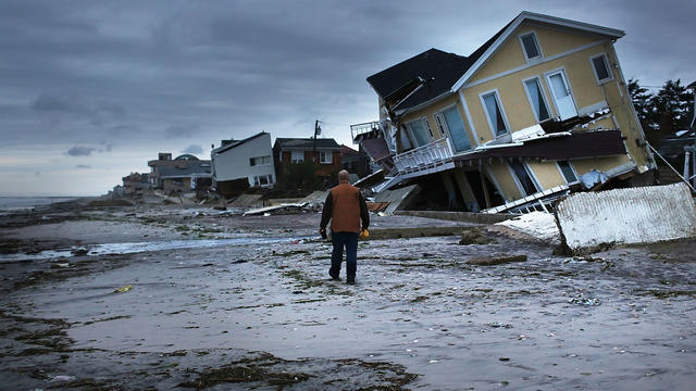 Damage is viewed in the Rockaway neighborhood  in the Queens borough of New York City, where the historic boardwalk was washed away on October 31, 2012, during superstorm Sandy. 
