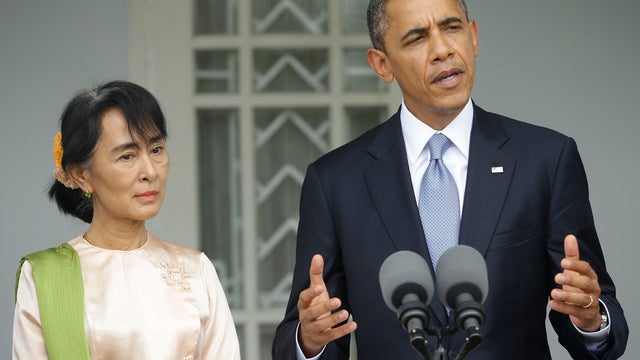 President Obama, accompanied by Myanmar opposition leader Aung San Suu Kyi, addresses members of the media at her residence in Yangon, Myanmar, Nov. 19, 2012.  