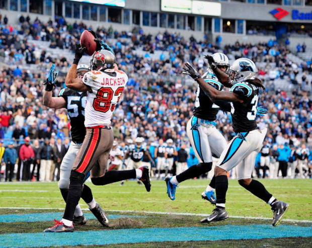 Josh Freeman found Vincent Jackson in the back of the end zone for a touchdown with 12 seconds left of Sunday's game against the Panthers, sending it into overtime. 