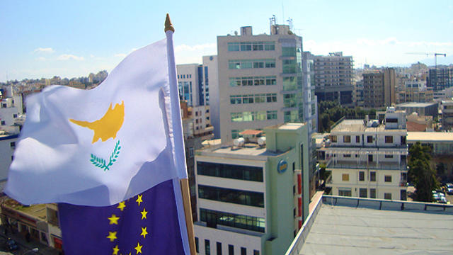 Cyprus European Union Presidency flags at top of Nicosia Building 