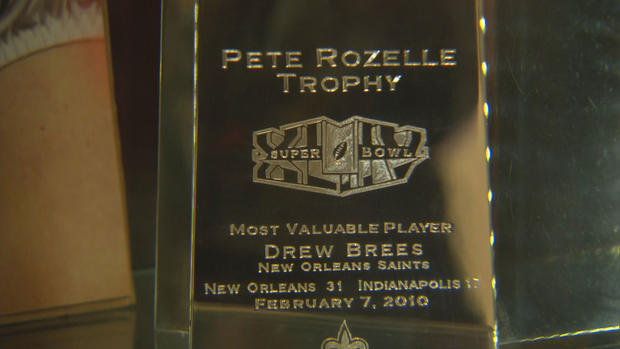 A close-up of Drew's Superbowl MVP award 