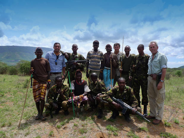 CBS News team, including Science Contributor M. Sanjayan, cameraman Wim DeVos and producer Jack Renaud with Samburu tribesmen. 