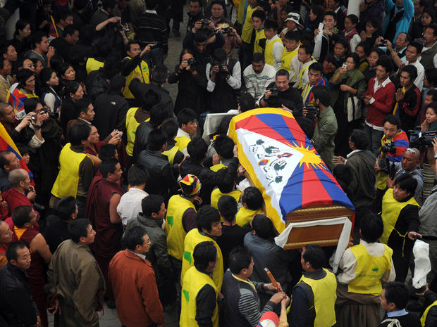 The coffin of Jamphel Yeshi, who died after self-immolation  