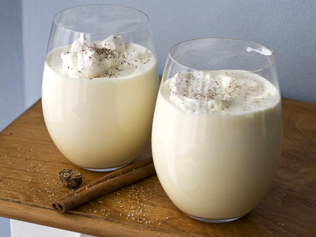 Two glasses of double-whipped eggnog are displayed in Concord, N.H., Nov. 5, 2012. 