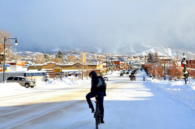 shannon lukens riding through steamboat after all the snow. from her 