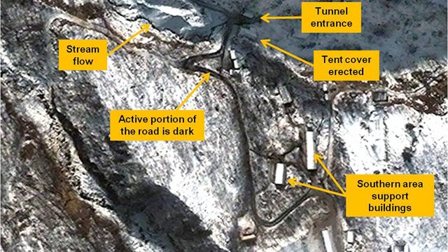 Satellite image taken by DigitalGlobe and annotated and distributed by 38 North website shows North Korea's nuclear test facility with repairs from recent flood damage apparently completed 