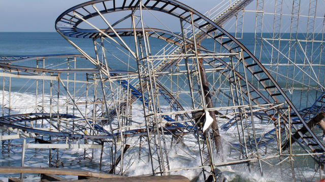 The Jet Star Roller Coaster is seen in Seaside Heights, N.J., Nov. 29, 2012, after plunging into the ocean when Superstorm Sandy wrecked the amusement pier on which it sat. 